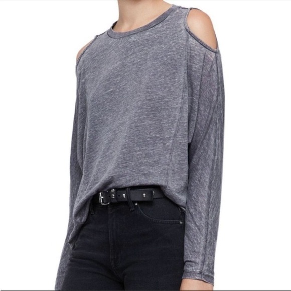All Saints Tops - All Saints Aino Acid Wash Cold Shoulder Long Sleeve Top Gray